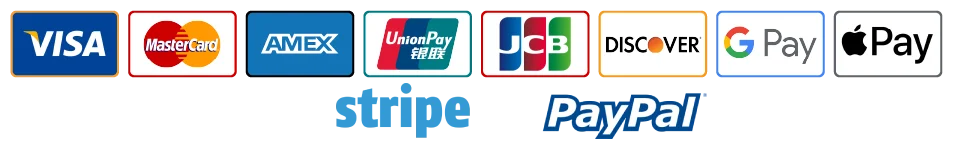 Accepted payment methods: Visa, Mastercard, American Express, UnionPay, JCB, Discover, Google Pay, Apple Pay, Stripe and PayPal